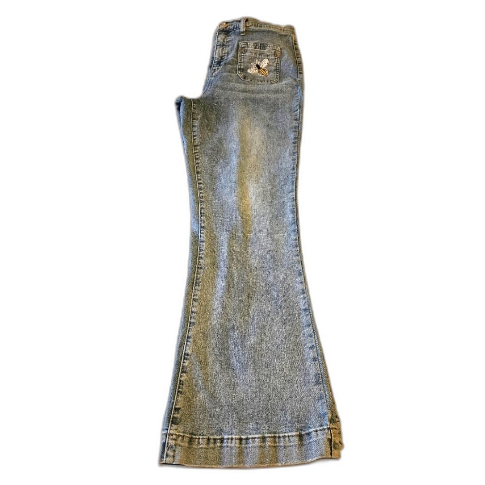 Nicole Miller Jeans Sz 14 Womens Nomad Patches High Rise Bell Bottom Faded Denim - Picture 4 of 16